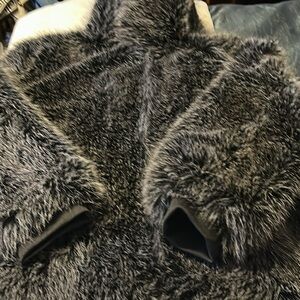 Plush Faux Fur Hooded Jacket in Charcoal Gray